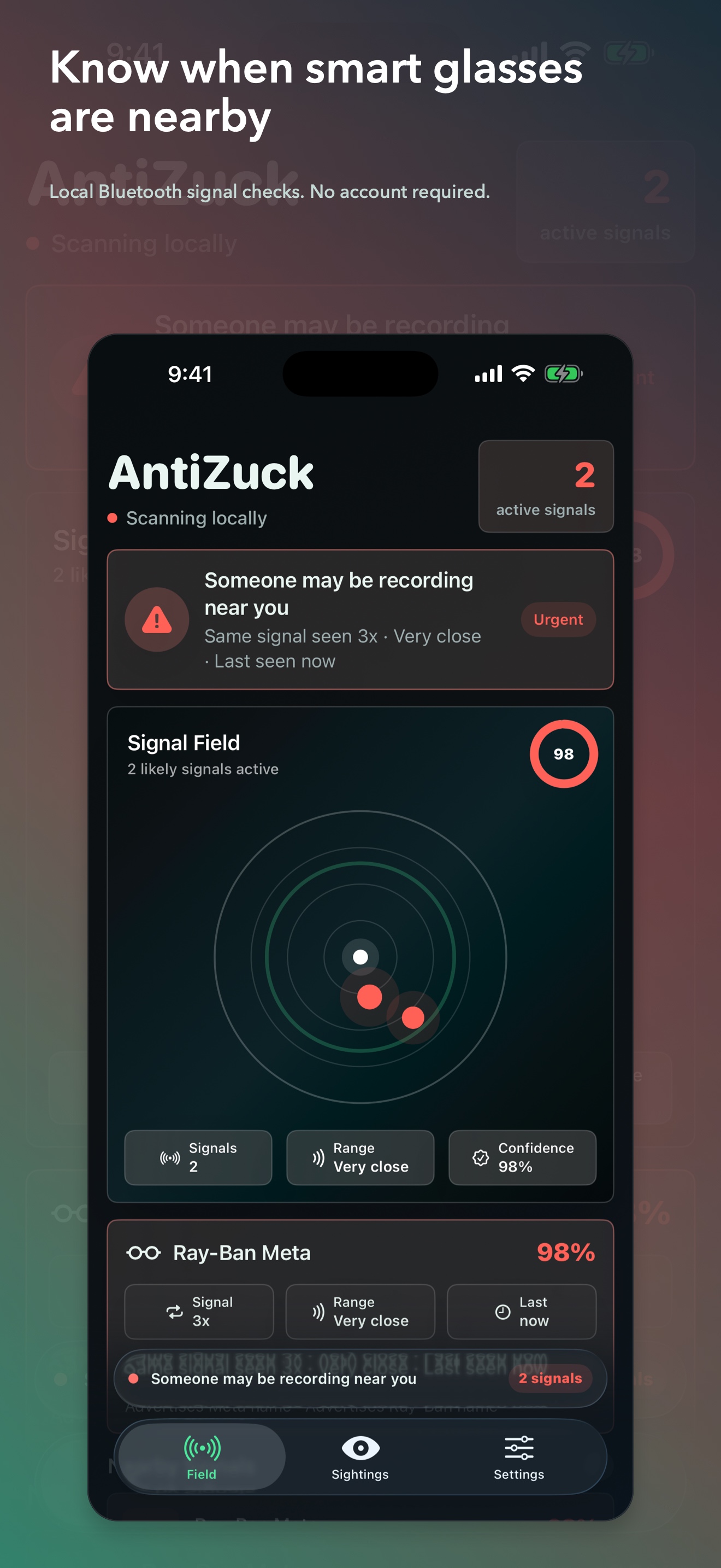 AntiZuck showing a likely smart-glasses signal nearby.